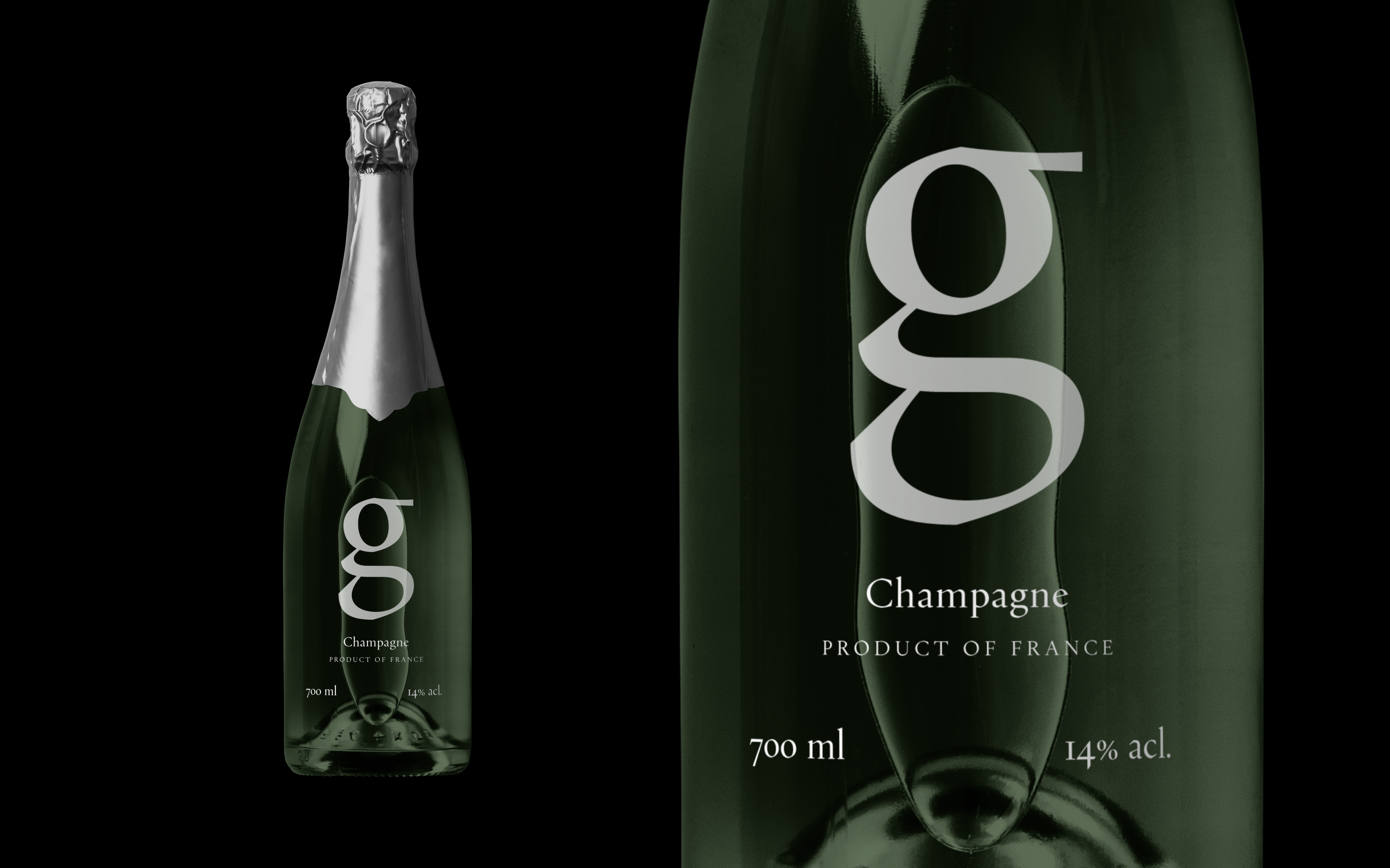 Green bottle label featuring a large serif letter g